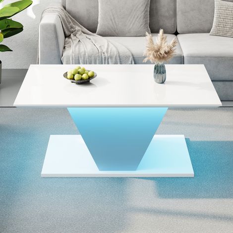 Tavolino da salotto 100 x 50 x 46 cm con LED, finitura lucida, forma a V, bianco DESVIAE (1/5)