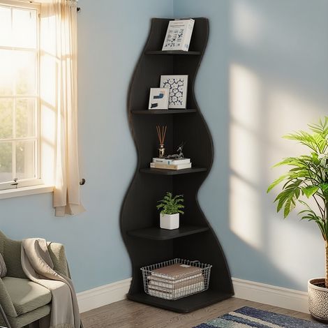 Étagère d'angle Moderne à 5 Niveaux,178cm Petite Bibliothèque d'angle élégante avec Forme Unique pour Bureau,Salon,Noir