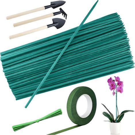 50 bâtons de Support pour Plantes de Jardin piquets de Jardin Verts avec 50 Attaches torsadées métalliques, Ensemble d'outils de Jardinage 3 pièces, Ruban de Fleuriste Vert de 30 mètres (1/5)