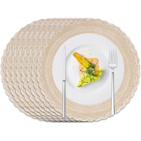 Ede Lot de 8 sets de table ronds, lavables, de style bohème, résistants à la chaleur, 38 cm (beige, bordure florale) (1/5)
