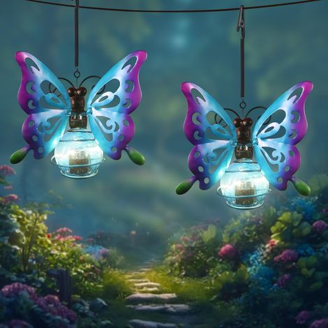 2 lanternes solaires papillon dégradé bleu violet, éclairage sculpture étanche, cadeau déco jardin pour grand-mère mère et femme (1/5)