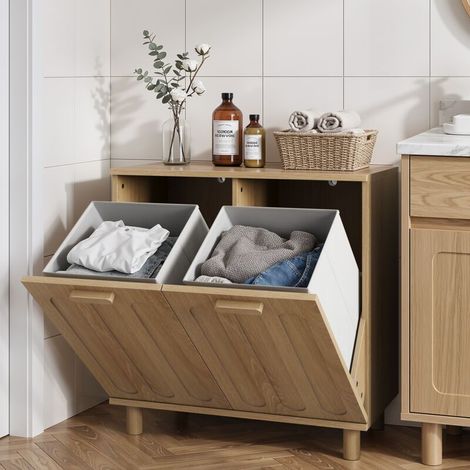 Meuble à linge basculant avec armoire de rangement salle de bain en MDF décor chêne (1/5)