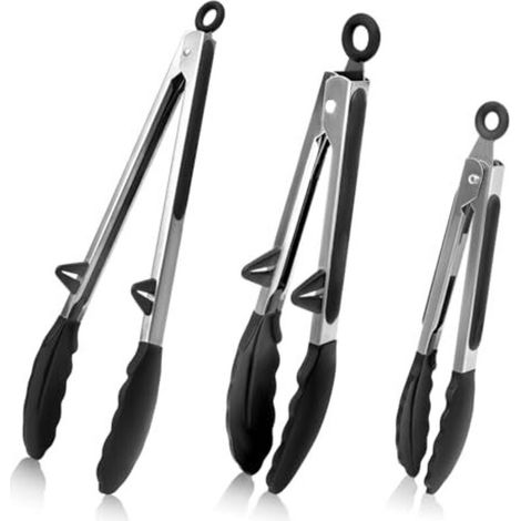 Pinze da cucina in acciaio inox con punte in silicone senza BPA – Set da 3, 20,5 cm e 27 cm, resistenti al calore