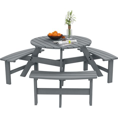 Outsunny Wooden Garden Dining Set, 6 Seater Round Dining Picnic Table with Matching Bench, Garden Furniture Set with Parasol Hole for Outdoor Patio Party and Family Gatherings, Grey