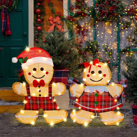 Décoration cour Noël bonhomme en pain d'épice pré-éclairé avec lumière LED en 2D pour éclairé lot de 2 (1/5)