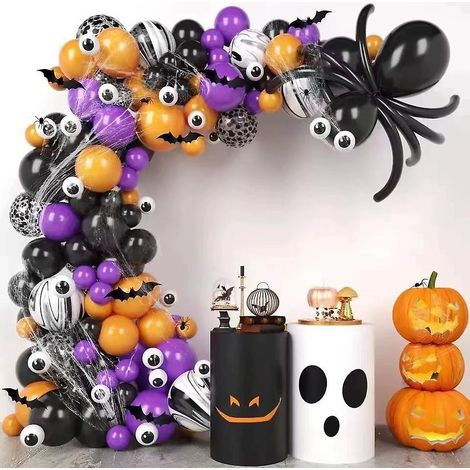 Décoration d'Halloween Style 1 : Arche de ballons, guirlande de ballons noirs, oranges, verts et violets, toile d'araignée et araignées, ballons en forme d'yeux, ballon chauve-souris (1/2)