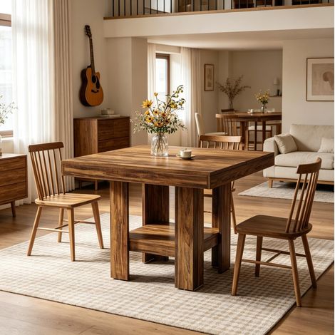 Tavolo da pranzo 80x80 cm in MDF marrone con struttura in legno e ripiano inferiore - CHICFURN (1/5)