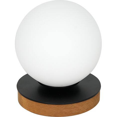 Lampe de table boule verre blanc, bois, E27 Luminex
