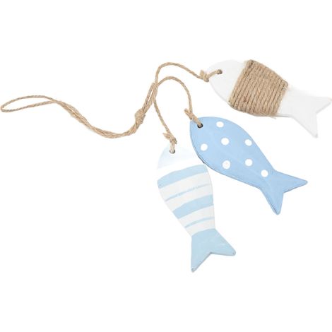 Suspension nautique en bois : 3 poissons sculptés style rétro, décoration murale maritime, motif vagues blanches en pin (1/5)