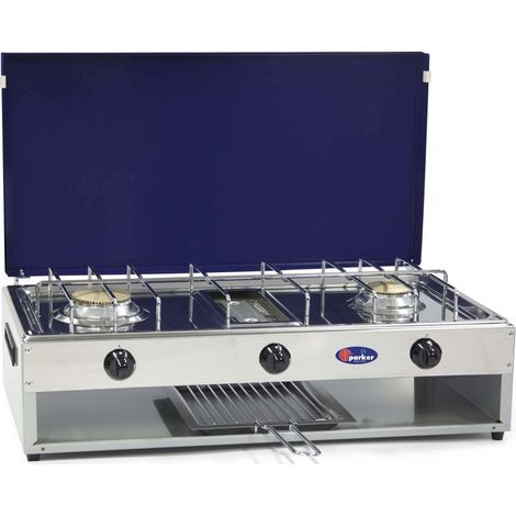 Fornello a gas gpl / metano a 2 fuochi Pianale in acciaio inox bruciatore grill da 1,5 Kw Parker mod. 552GB Colore: Grigio - Blu Gpl