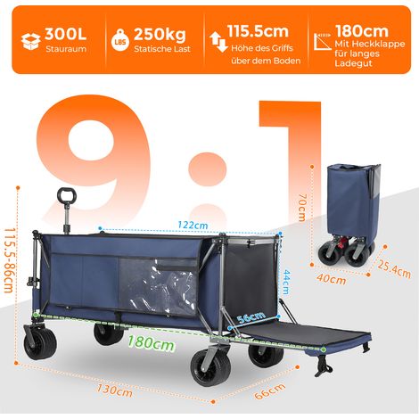 Carrello da giardino pieghevole 180 cm in acciaio blu, grande capacità, per spiaggia – MEUBLIV (1/5)