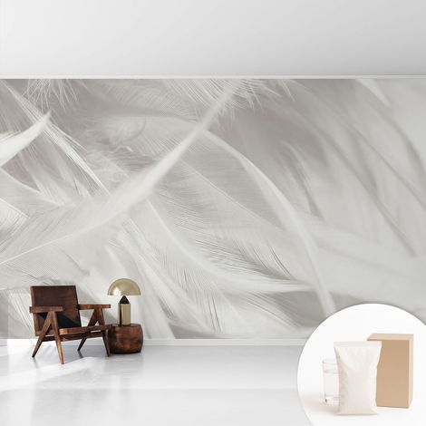 Papier peint intissé mural pour salon chambre à coucher tendance et originale - Colle incluse gratuite Plumes subtiles 416x254 cm (1/5)