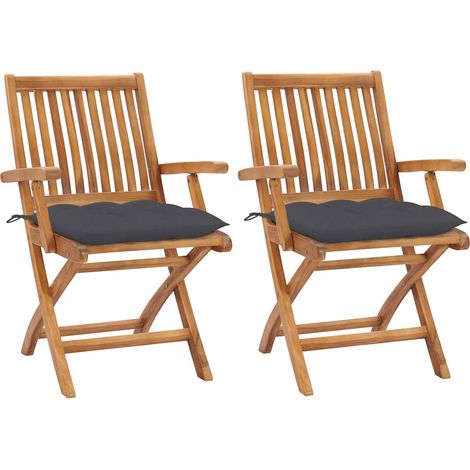 vidaXL Sillas plegables (2 unidades) con cojines color antracita, de madera maciza de teca. (1/5)