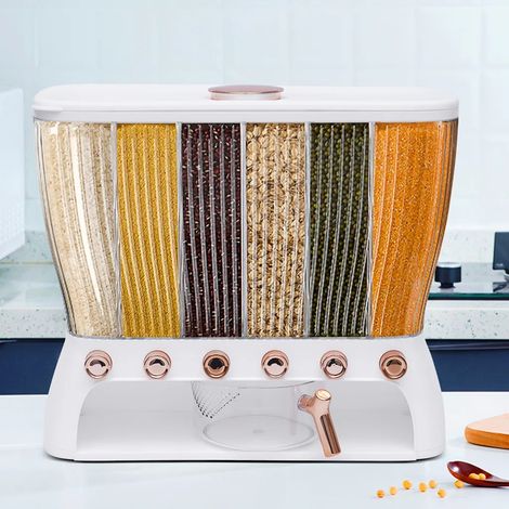 Dispensador de cereales, dispensador de viaje con 6 compartimentos para muesli, copos de maíz y cereales. Transparente.