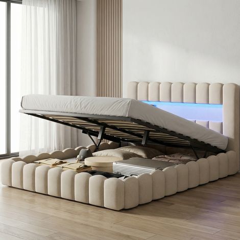 Letto contenitore 180x200, testiera con illuminazione LED e porte USB/Type-C, letto matrimoniale con apertura idraulica, letto per adulti in tessuto di lino, stile moderno scandinavo, Beige