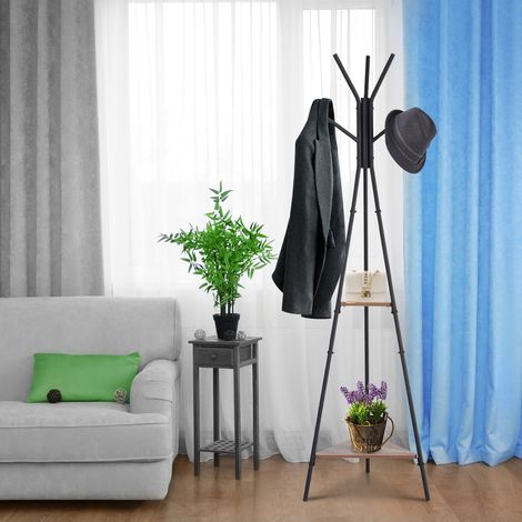 Perchero de Pie Metálico Perchero en Forma de Árbol Dormitorio Oficina para Colgar Ropa Bolsas Sombrero 6 Ganchos con 2 Estantes 32.5x45.5x182cm (1/4)