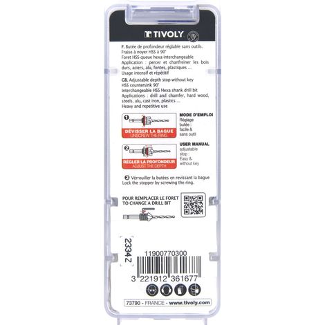 Tivoly • Kit per terrazza • Punta da trapano Ø3mm con svasatore • Punta da trapano e svasatore 2 in 1 legno-metallo • 3 punte per viti in acciaio inossidabile • Punta da trapano di ricambio fornita • 