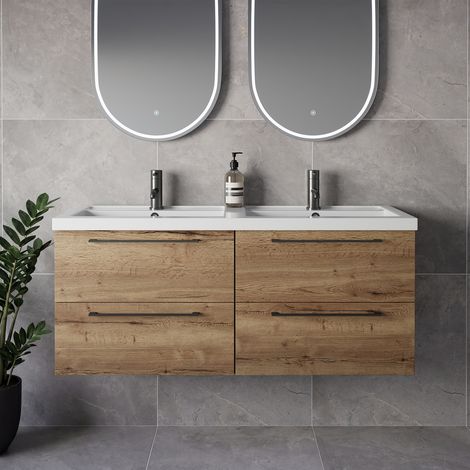 Napoli 390 Tobacco Oak 1200mm Wall Mounted 4 Drawer Vanity Unit with Double Lucia Basins - 1200mm - Gunmetal Grey 320mm Handle