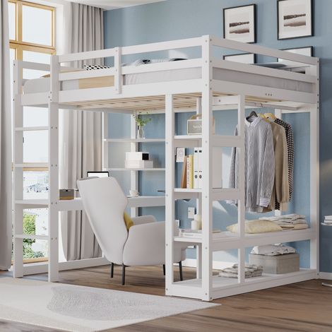 Letto a Soppalco 140x200 cm, con Scrivania e Ripiani, con Spazio Archiviazione e Scala, in Legno, Bianco (Senza materasso)