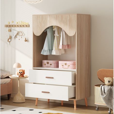 Armario abierto infantil de MDF blanco y natural, con barra para colgar y 2 cajones, 80 x 46 x 141,5 cm (1/5)