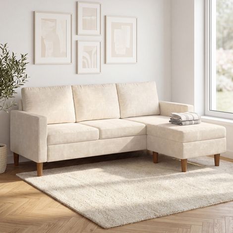Sofá esquinero reversible de 3 plazas MARIUS de 200 cm en tejido de chenilla beige (1/5)