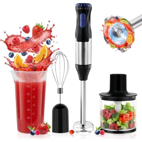 Mixeur Plongeant 4-en-1, 1000W Mixeur Plongeur en Acier Inoxydable, 5 Vitesses Réglables et Mode Turbo, avec Fouet, Hachoir 500ml (1/5)
