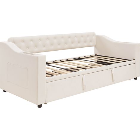 Sofá cama capitoné beige 90/180x190 cm con USB, almacenaje y somier de lamas HOMVRA (1/5)