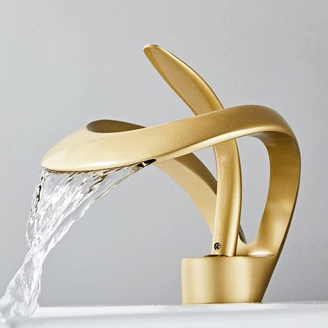 Robinet de Lavabo en Cascade en Laiton, Mélangeur Eau Chaude Froide, Trou Unique à Valve Céramique, Court Doré (1/5)