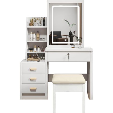 Toeletta bianca con specchio LED e sgabello imbottito, 4 cassetti, MDF, 83 x 55,5 x 130 cm, HOMVRA (1/5)