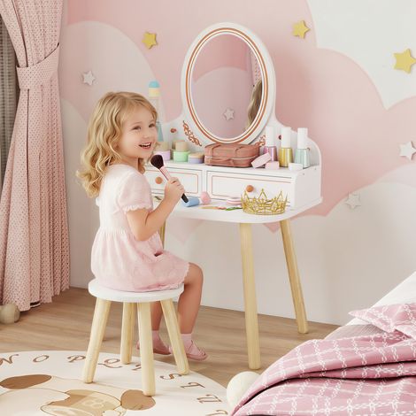 Blanc - Coiffeuse maquilleuse pour s Coiffeuse pour enfants doté de tabouret et miroir 2 tiroirs et barreaux suspendus 3 à 8 ans (1/4)