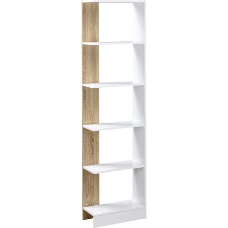 Bücherregal/Aufbewahrungseinheit mit 5 offenen Fächern, schlichtes, modernes Design, ideal für Wohnzimmer, Schlafzimmer, Büro, 45 x 21 x 170 cm, Weiß und Eiche (1/5)