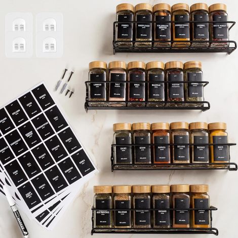 Etagere a Epices Murale Sans Percer avec 24 Pot à Épices en Verre - Porte-épices Murale 4 Pièces - Étagère de Rangement de Cuisine pour Épices - etagere epices cuisine murale (1/5)