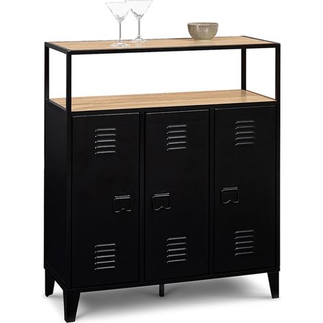 Idmarket – Meuble bar buffet 3 portes en métal noir – Plateau bois hêtre – Dimensions 80x33,5x95 cm – Style industriel moderne (1/5)