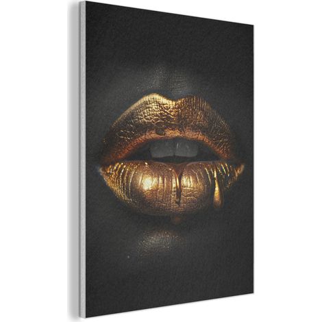 CUADRO ACÚSTICO Mujer - Retrato - Labios - Oro - Negro Cuadros de Pared 70x100 (1/5)
