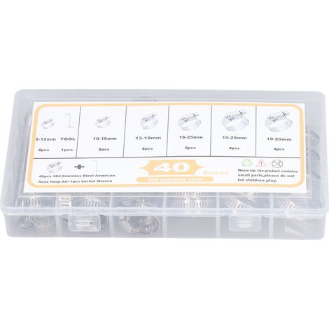40Pcs colliers de serrage 6‑29mm, 5 types en acier inoxydable, kit d'accessoires pour tuyaux et tubes (1/5)