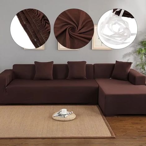 Housse canapé d'angle L 3+2 places BOROFONE - polyester marron, 2 sièges 140–185 cm / 3 sièges 190–225 cm (1/4)