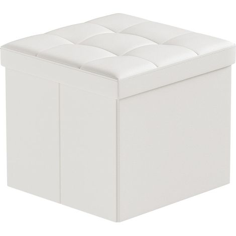 Pouf Rangement Pliable, Cube Tabouret de Rangement avec Couvercle, Petit Pouf Coffre en Cuir pour Chambre Salon Repose, 38 x 38 x 38 cm, Blanc (1/5)