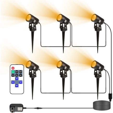 Lot de 4 projecteurs LED d'extérieur avec télécommande, étanches IP65, pour éclairage paysager de jardin, pelouse et cour, lumière blanche chaude, lampe de sécurité sur pied.