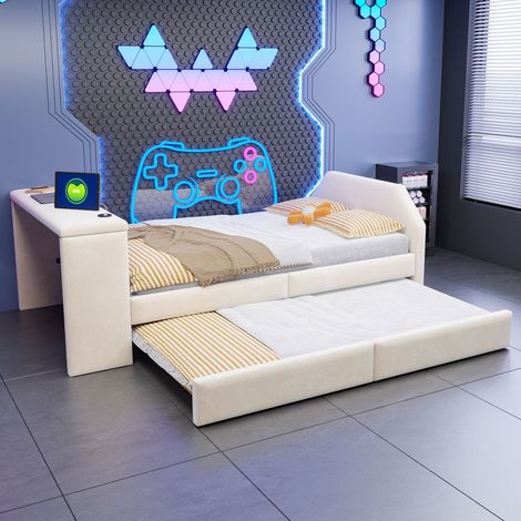 Lit Gigogne Enfant 90 x 200 cm bureau intégré lit d’appoint escamotable port de charge USB structure rembourrée en velours (1/5)