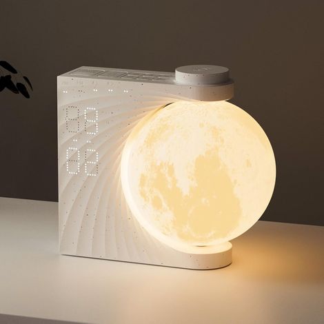 Mondlampe mit Wecklicht, 2 Wecker, 8-Farben-RGB-Mondlicht, 10 natürliche Geräusche, Nachtlicht, 3 Helligkeitsstufen, Nachttischlampe