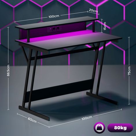 Table de jeu avec éclairage LED et support d'écran, en aggloméré et acier, 100 x 60 x 88,5 cm, noire (1/5)