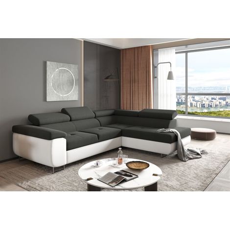 Ecksofa Sofa JADE Stoff Soft / Sawana Weiss-Schwarz mit Schlaffunktion Ottomane Rechts (1/2)