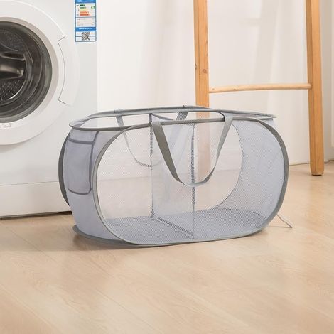 2 Panier rangement pliable grille épaisse gris pour linge sale maison