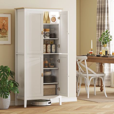 Buffet cuisine, meuble cuisine rangement haut avec LED réglable et détecteur de mouvement, 80 x 40 x 176,5 cm, blanc