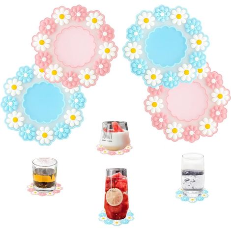 Lot de 4 dessous de verre en PVC doux marguerite, antidérapants et mignons. (1/5)