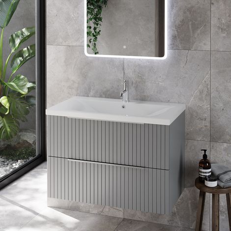 Helix 460 Fluted Pebble Grey 800mm Wall Mounted 2 Drawer Vanity Unit with Glide Basin