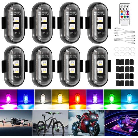 Juego de 8 luces estroboscópicas LED inalámbricas de 8 colores con control remoto, carga USB y sistema anticolisión para automóviles, motocicletas y camiones. (1/5)