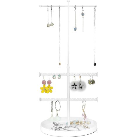 ® Porte à bijoux réglable en blanc pour colliers, bracelets, Boucles d'oreilles, Hauteur réglable de 24 à 42 cm, Capacité de 68 trous pour 34 paires de boucles d'oreilles (1/5)
