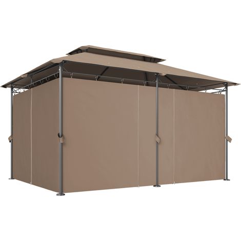 Tonnelle de jardin extérieur pavillon 6 colonnes double toit 12 oeillets de drainage en métal 3x4m kaki (1/5)