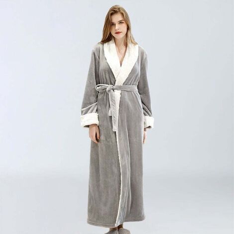Peignoir Femme Polaire Doux Avec Poches Robe De Chambre Hiver Cadeau Taille L Gris